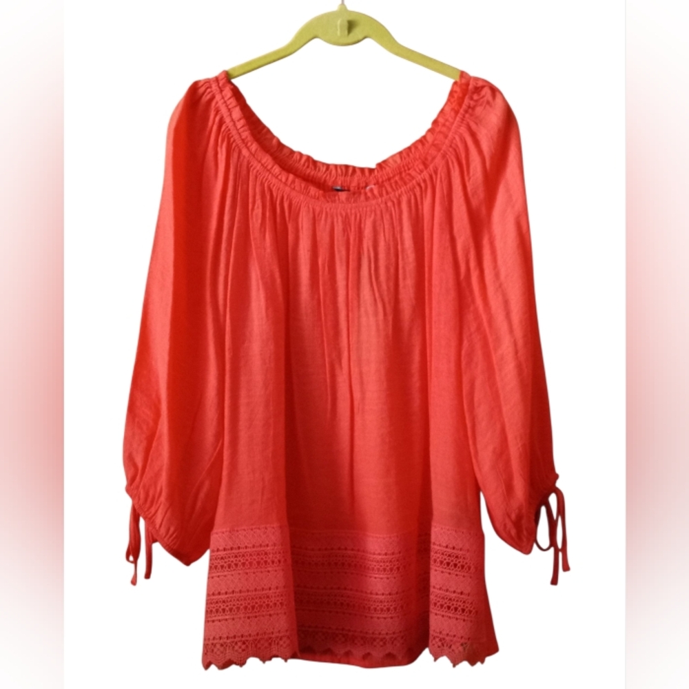 Unique Spectrum Orange Semi Sheer Peasant Boho 3/4 Sleeves Pullover Top NWT XL